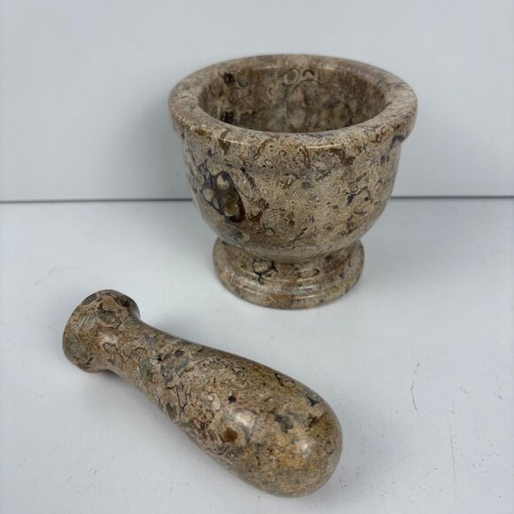Fossil Stone Mortar & Pestle Set 3.5”Tall Grinding Herbs Spices Kitchen Tool - Picture 2 of 5